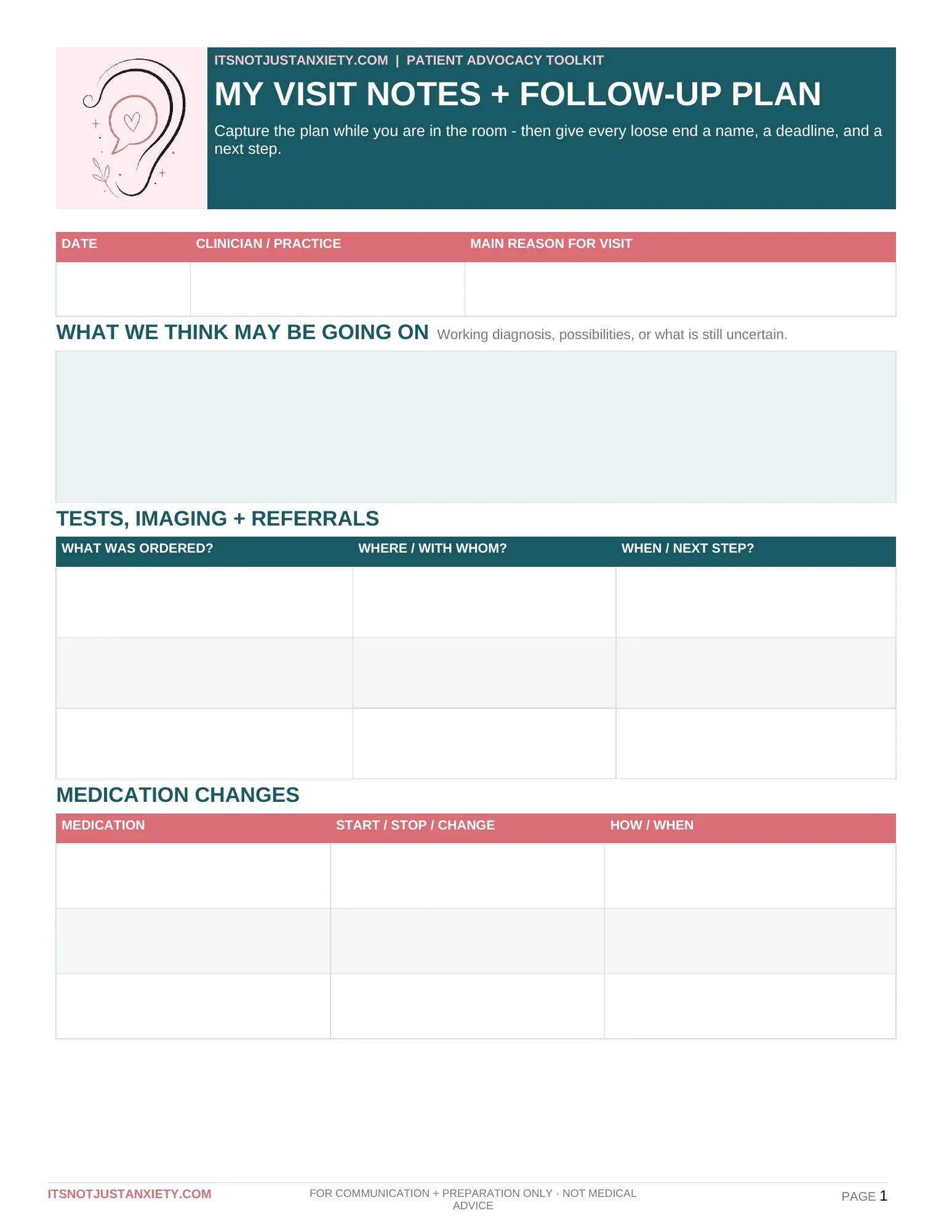 Preview of the My Visit Notes and Follow-Up Plan worksheet